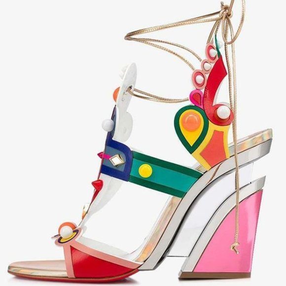 Christian Louboutin PAPAGAYA LEVITA 100 Stud PVC Wedge Heel Sandals Shoes